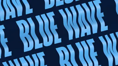 The image features repeated text "BLUE WAVE" in wavy, light blue letters on a dark blue background.