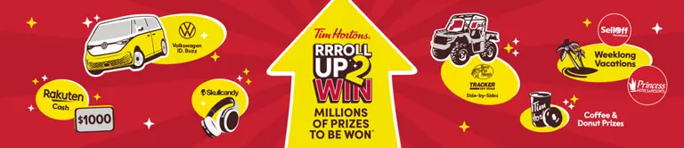 Bannière promotionnelle pour le concours « RRRoll Up to Win » de Tim Hortons présentant divers prix comme une camionnette Volkswagen, de l'argent Rakuten et des prix de café et de beignets.
