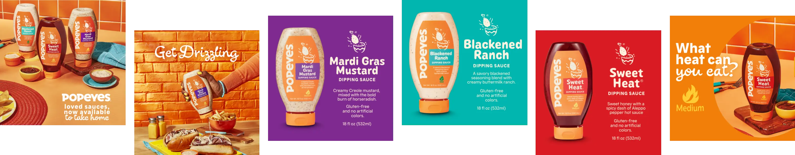 Un assortiment de sauces trempettes Popeyes en exposition, y compris Mardi Gras Mustard, Blackened Ranch et Sweet Heat.