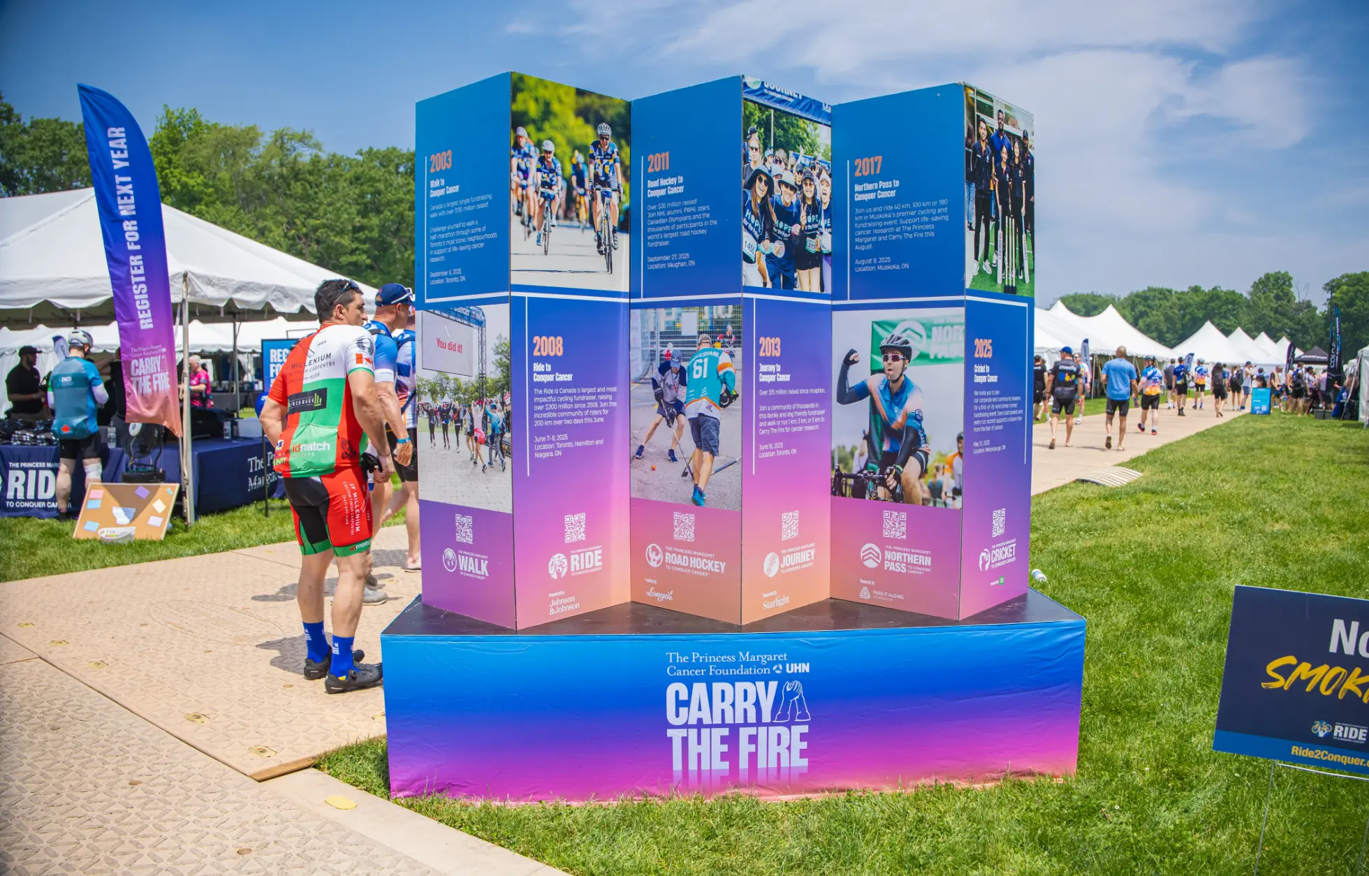 A colorful event display with panels showing years and images, surrounded by people and tents outdoors.