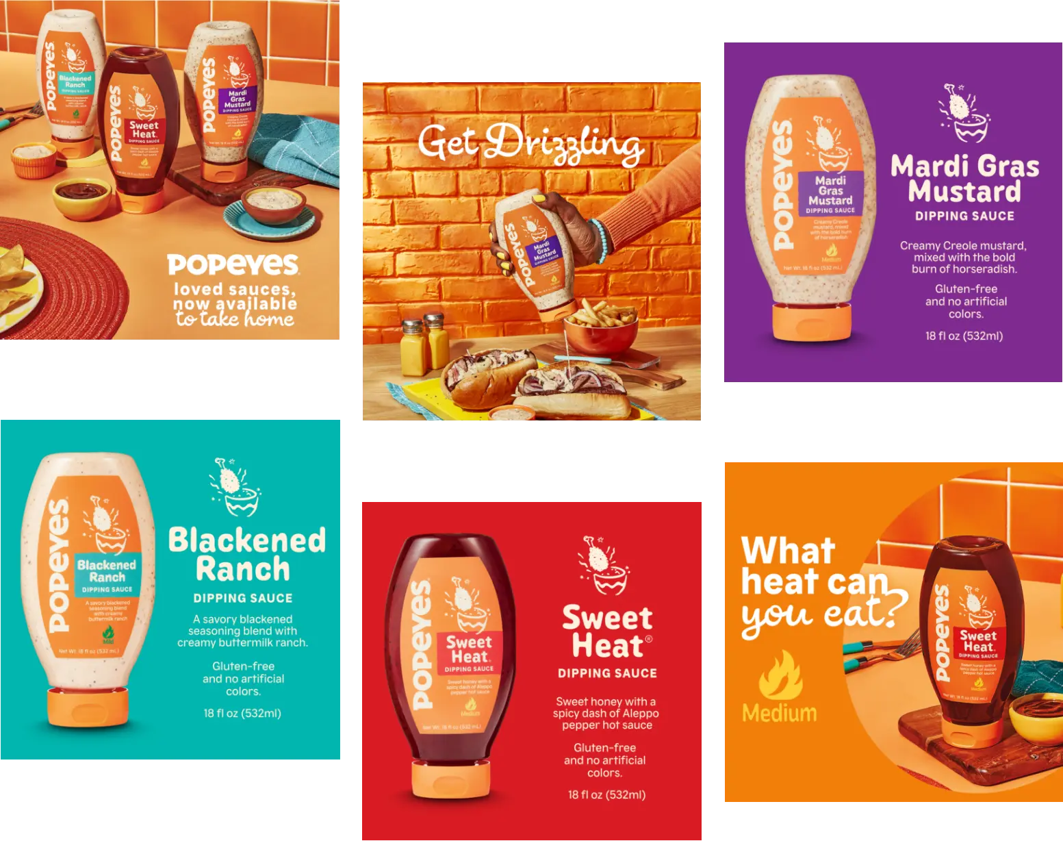 An assortment of Popeyes dipping sauces on display, including Mardi Gras Mustard, Blackened Ranch, and Sweet Heat.
