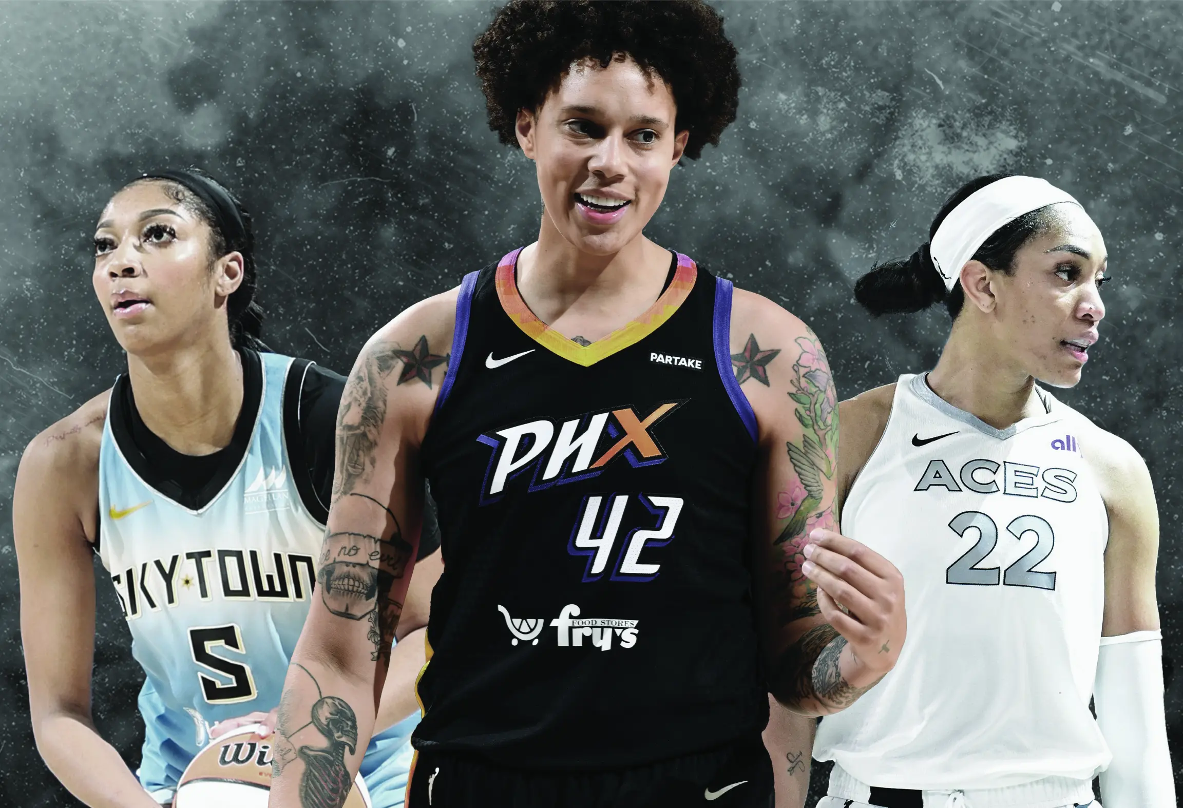 Trois joueurs de basketball en maillots d'équipes différentes sur un fond enfumé.