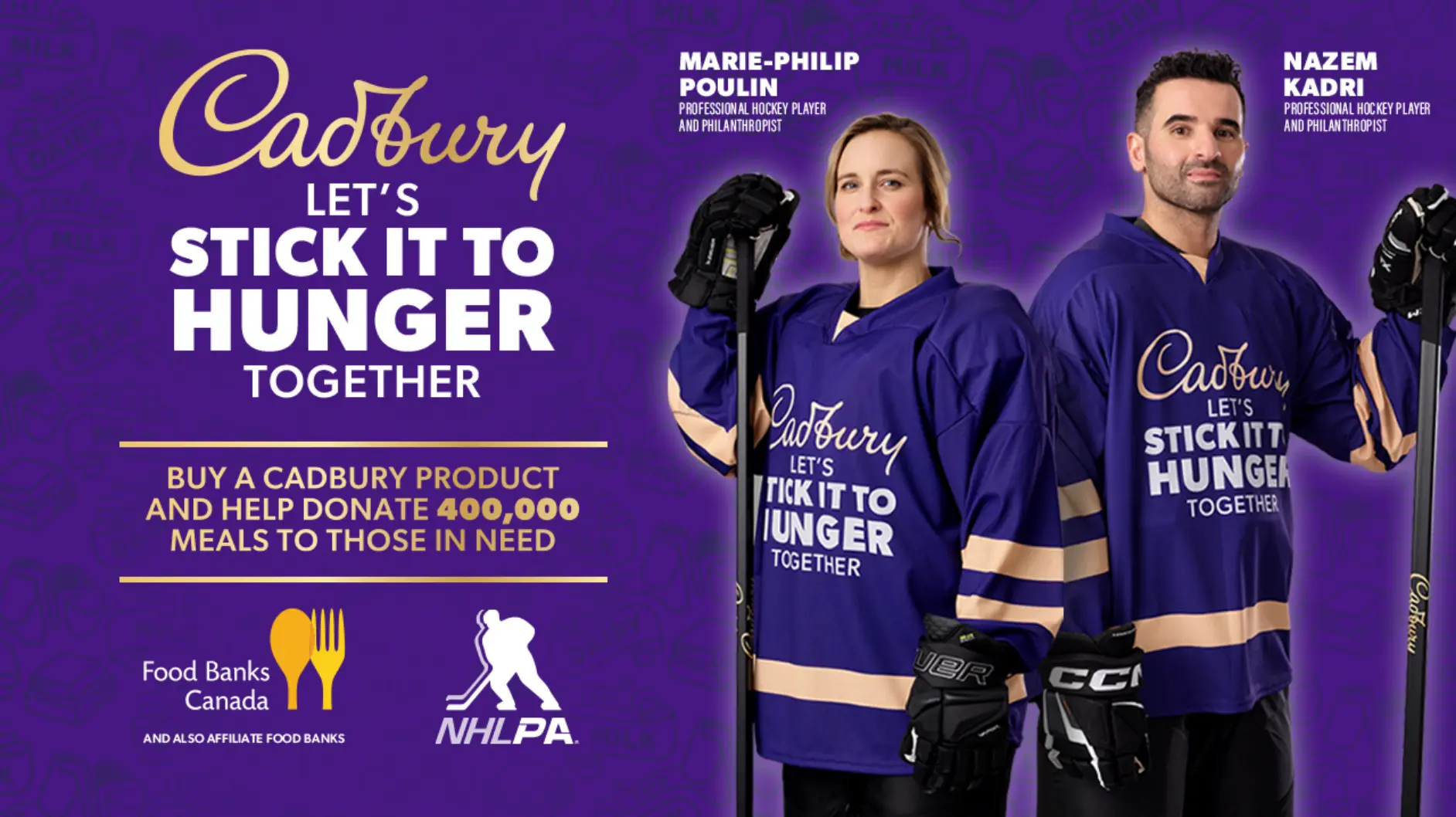 Two people in hockey jerseys promoting Cadbury's campaign to donate meals to those in need.