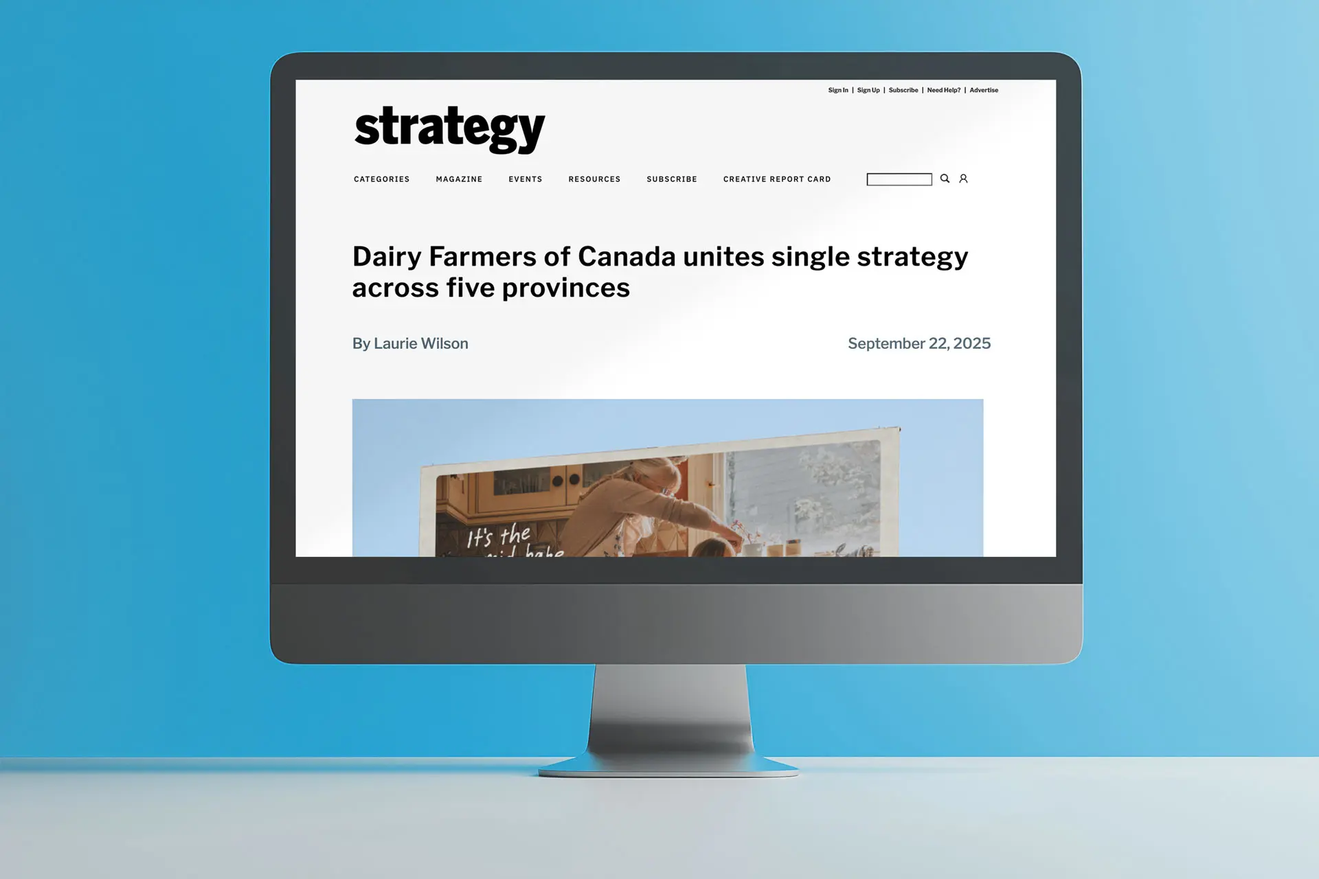 A computer screen displaying an article titled "Dairy Farmers of Canada unites single strategy across five provinces" on a light blue background.