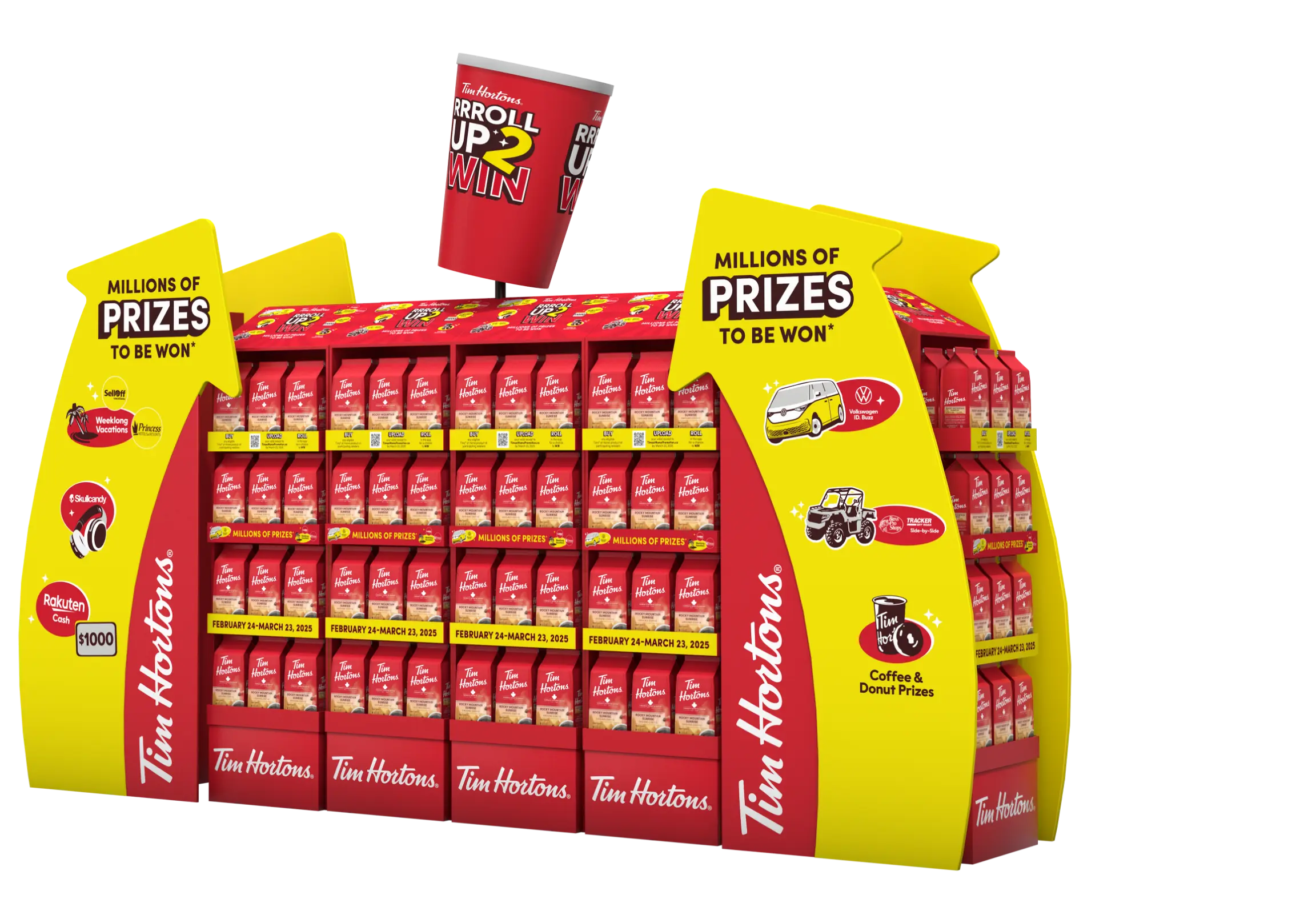 Affichage de produits Tim Hortons avec des panneaux promotionnels sur les prix à gagner.