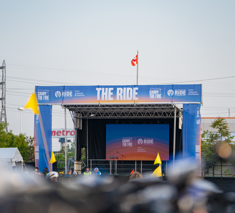 Outdoor stage with a large screen and "The Ride" banner, surrounded by a few people and yellow flags.