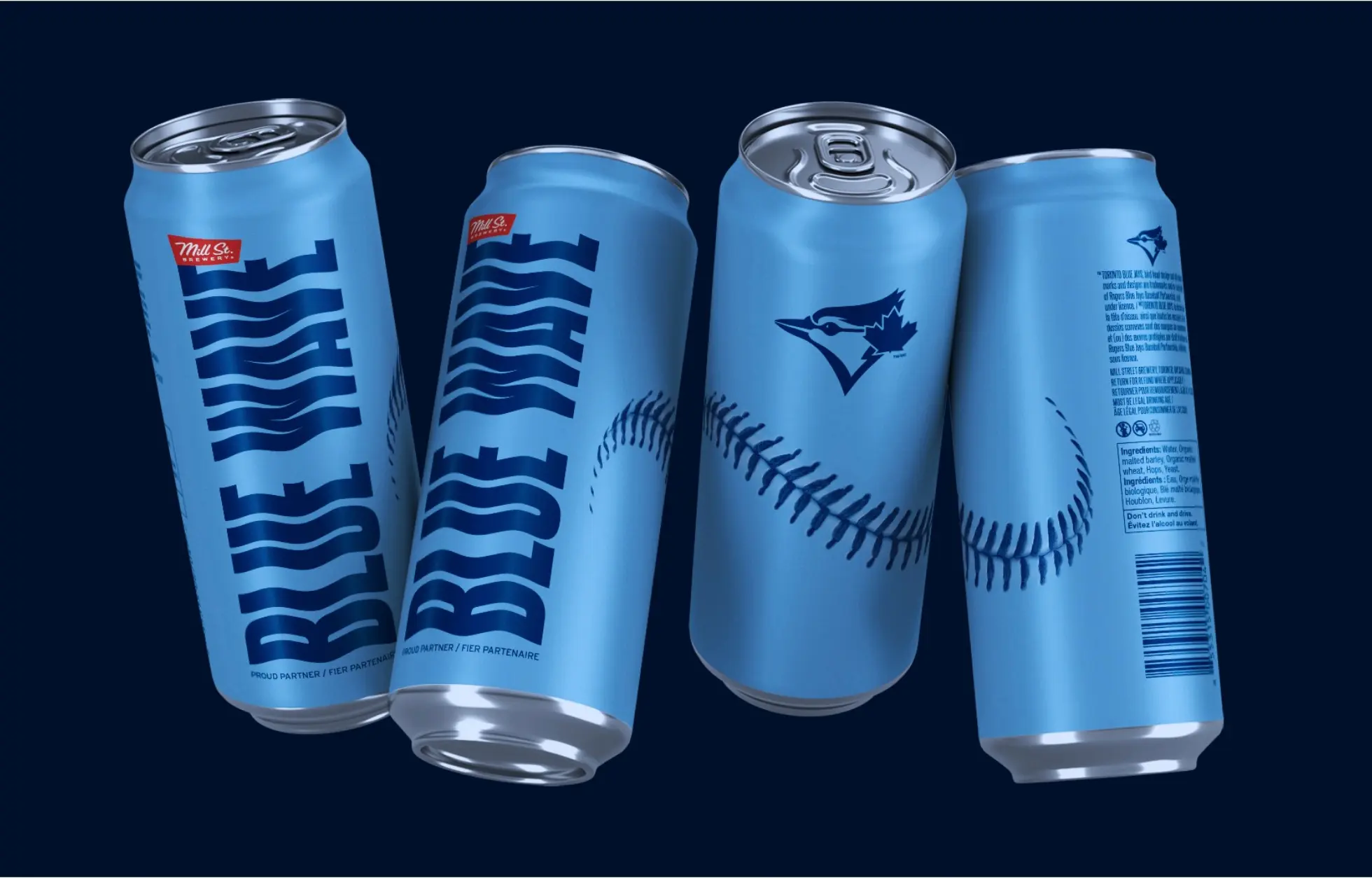 Four blue cans with "BLUE WAVE" text and baseball stitching design, featuring a bird logo, set against a dark background.