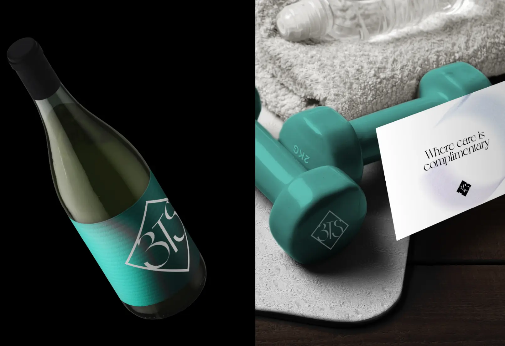 Une bouteille de vin avec une étiquette turquoise à côté d'haltères turquoise, d'une serviette et d'une carte indiquant « Où le soin est gratuit. »