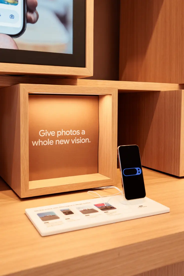 Un smartphone est exposé sur un support à côté d'une boîte en bois avec le texte « Donnez aux photos une toute nouvelle vision. »