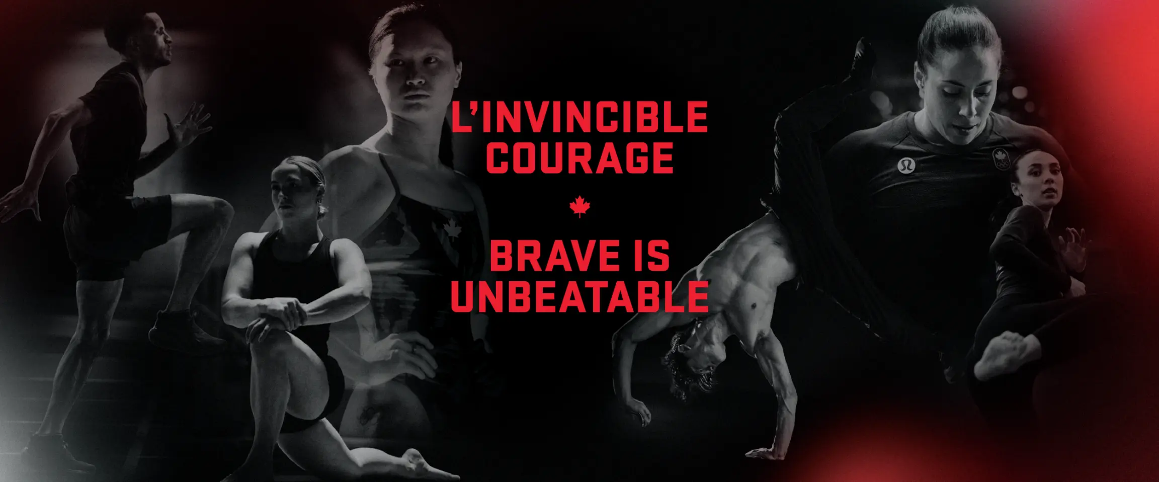 Image en noir et blanc d'athlètes en action avec le texte « L'INVINCIBLE COURAGE BRAVE IS UNBEATABLE » en rouge.