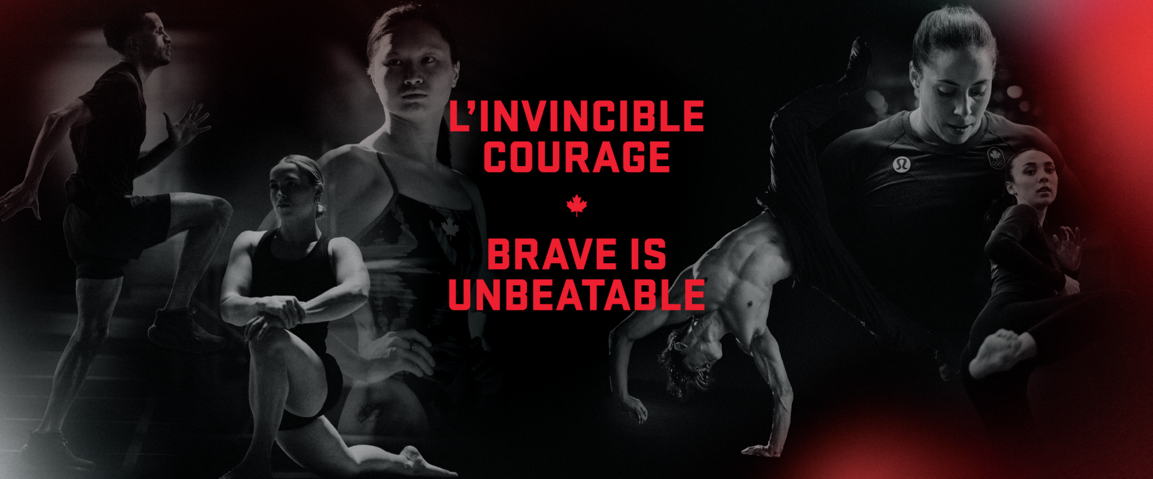 Image en noir et blanc d'athlètes en action avec le texte « L'INVINCIBLE COURAGE BRAVE IS UNBEATABLE » en rouge.