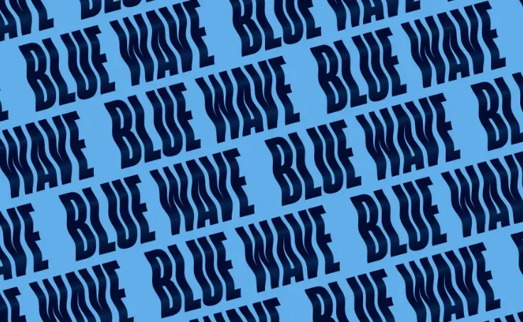 The image shows repeated diagonal text that says "BLUE WAVE" in dark letters on a blue background.