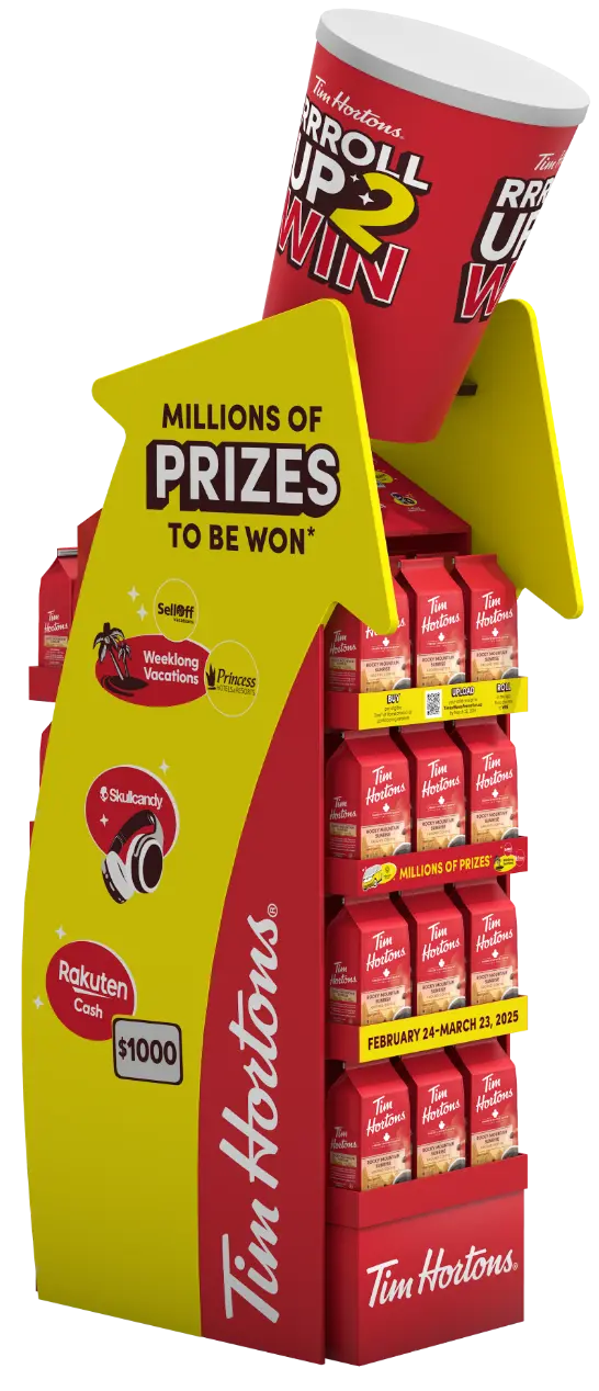 Un présentoir pour la promotion « Roll Up the Rim to Win » de Tim Hortons, présentant des images de tasses de café et des détails sur les prix.