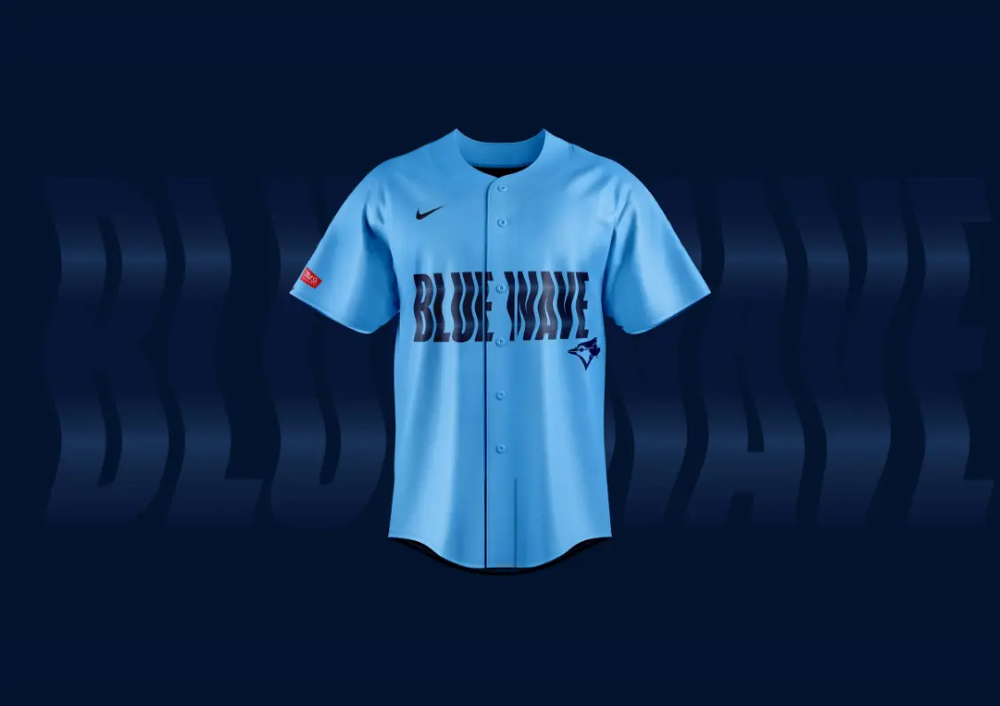 A light blue baseball jersey with the text "BLUE WAVE" and a small logo on the chest.