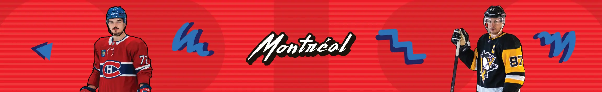 Une illustration de deux joueurs de hockey sur glace en maillots rouges et noirs avec le texte « Montréal » au centre et des formes bleues abstraites sur un fond rouge.