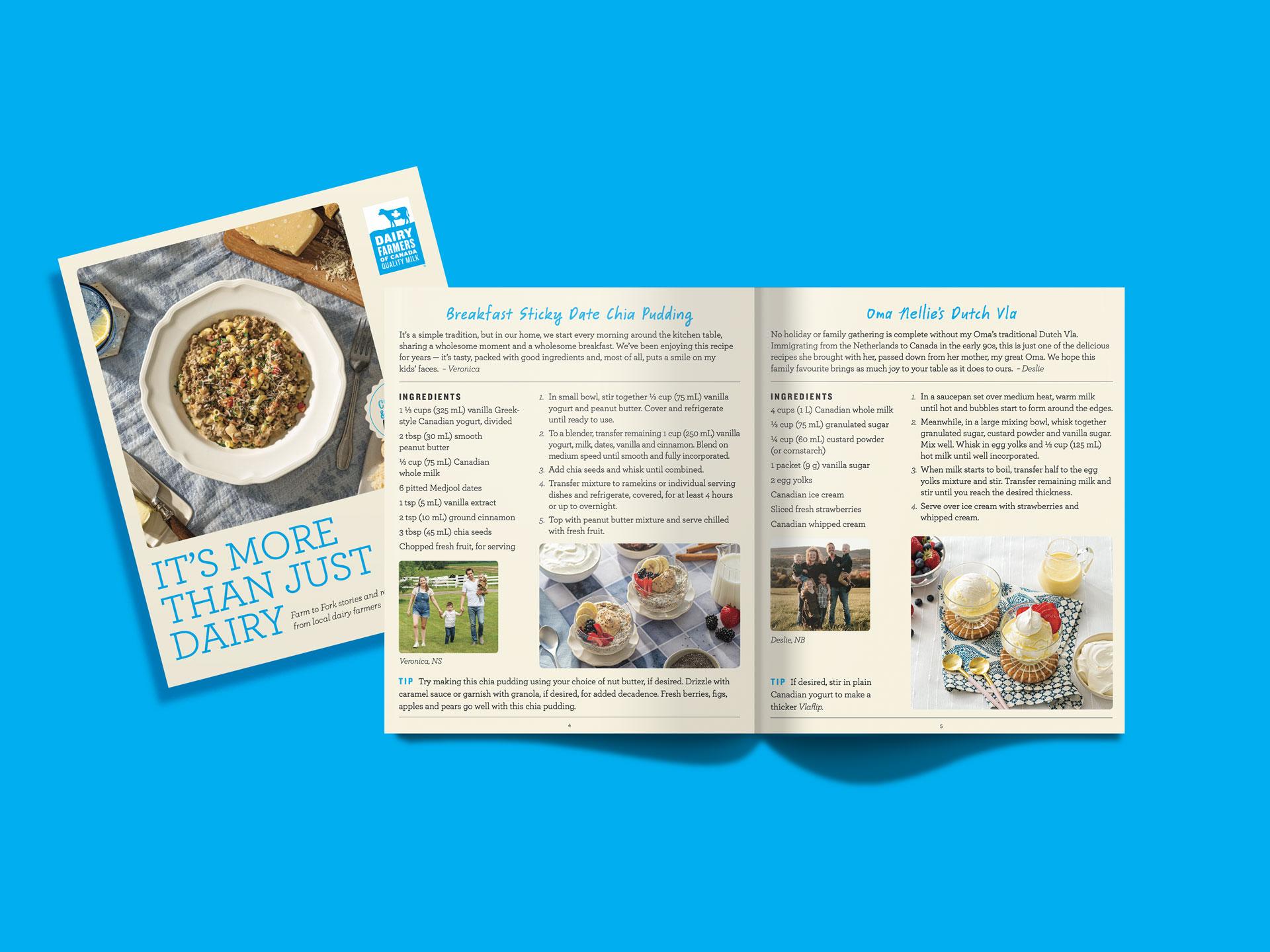 Un livre de recettes ouvert sur un fond bleu montrant un plat et des ingrédients pour deux recettes.