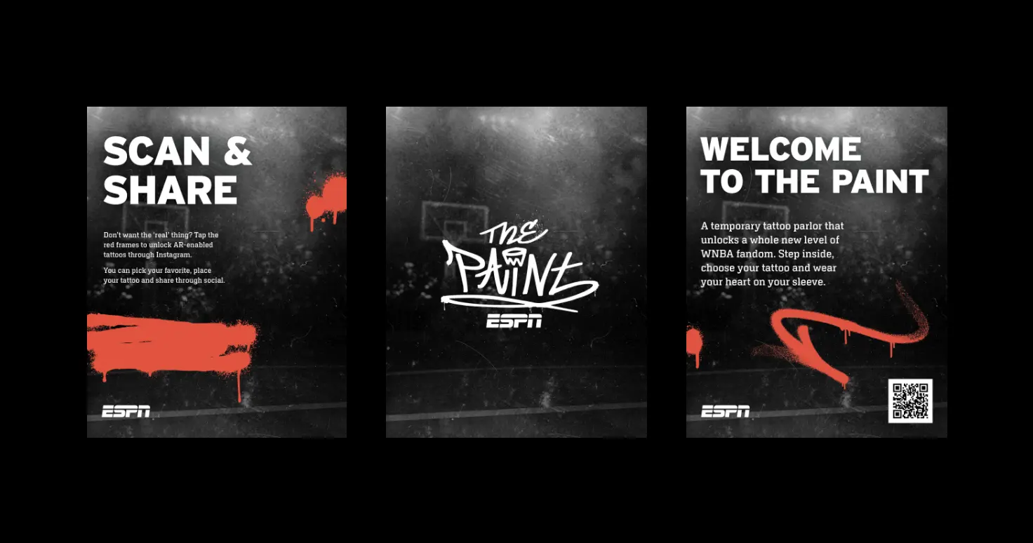 Une image sportive en trois panneaux avec du texte sur l'utilisation de tatouages activés par RA, intitulée « The Paint », promouvant l'engagement et présentant des graphiques rouges.