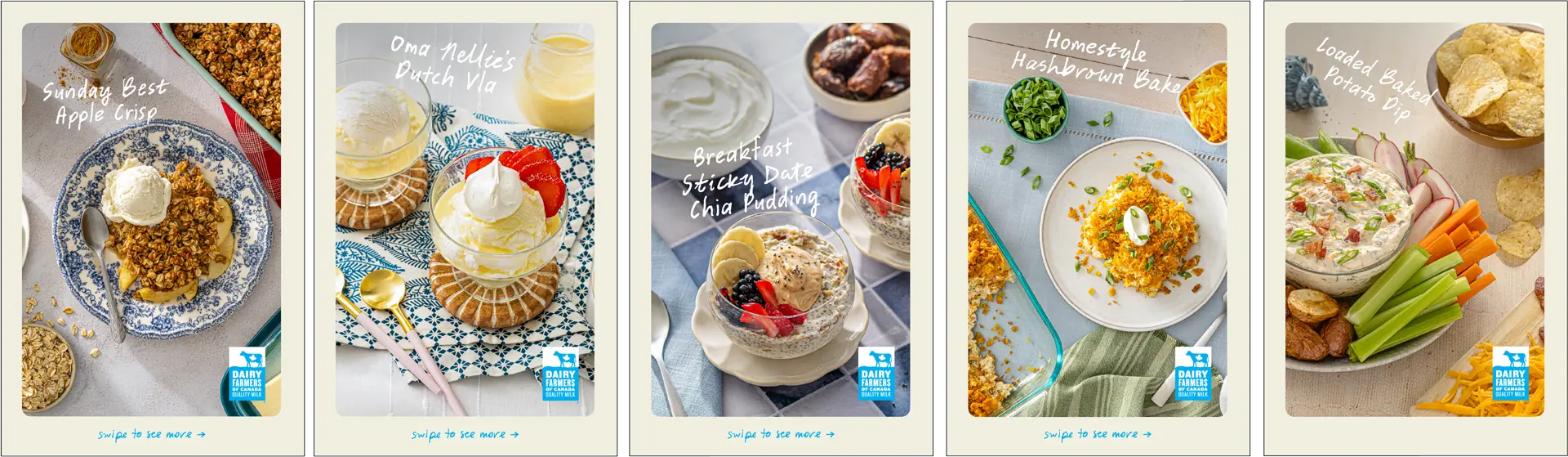 Une image affichant cinq plats différents avec des étiquettes : croustillant aux pommes, vla néerlandais, pudding aux dattes et chia, cuisson de pommes de terre râpées et trempette de pommes de terre au four, avec la marque des Producteurs laitiers du Canada.