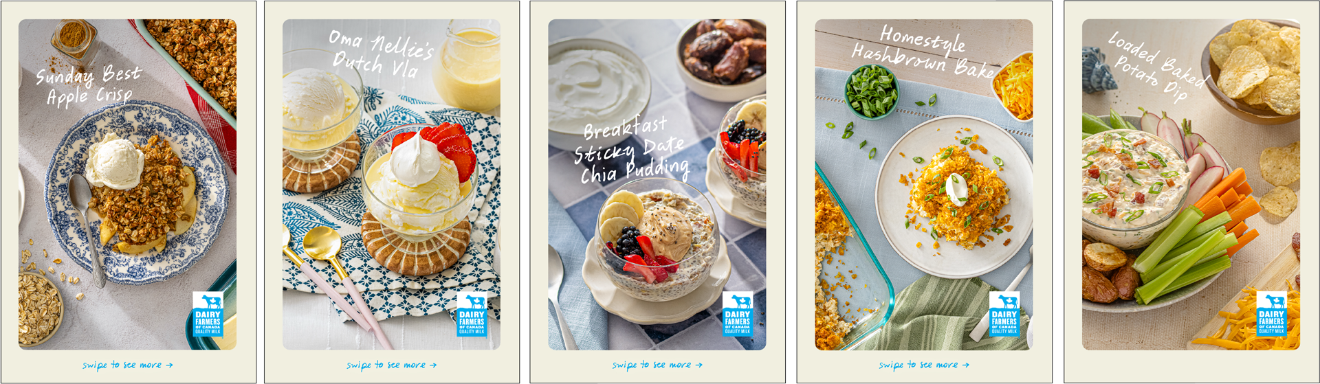 Une image affichant cinq plats différents avec des étiquettes : croustillant aux pommes, vla néerlandais, pudding aux dattes et chia, cuisson de pommes de terre râpées et trempette de pommes de terre au four, avec la marque des Producteurs laitiers du Canada.