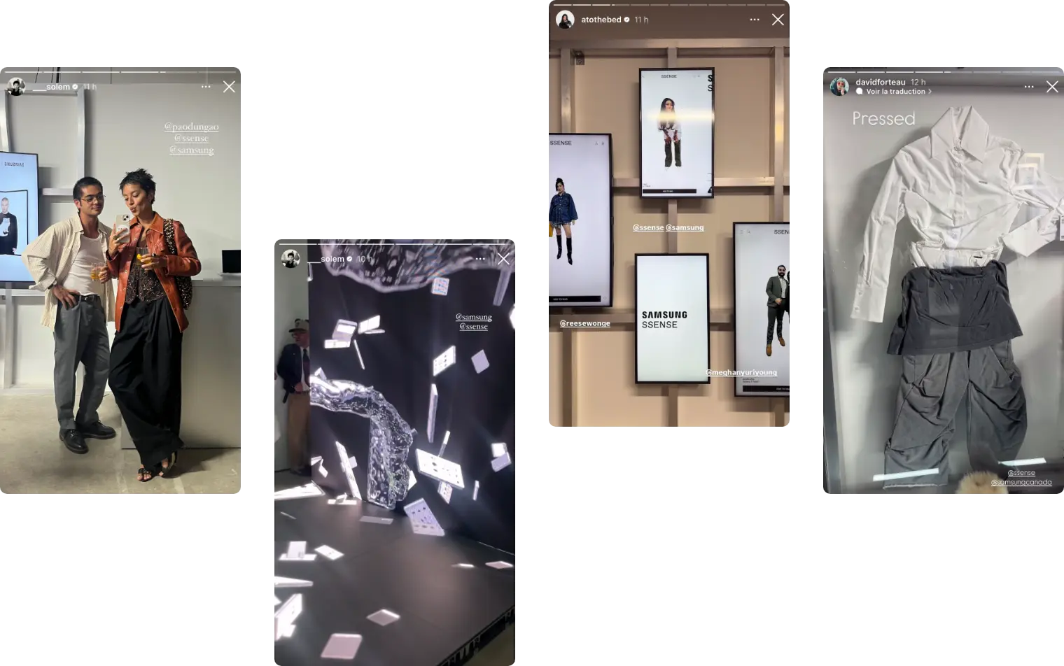 Un collage de publications sur les réseaux sociaux d'un événement, montrant des personnes posant, des présentoirs de vêtements et des écrans numériques.