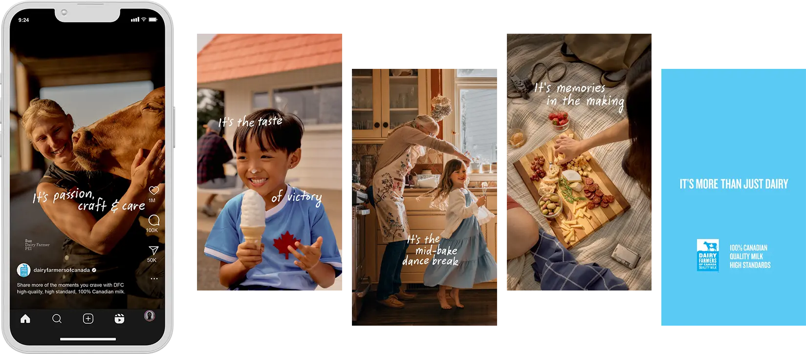 Une série d'images faisant la promotion des produits laitiers canadiens, montrant des personnes savourant de la crème glacée, cuisinant et partageant de la nourriture, avec le texte "C'est plus que du lait."