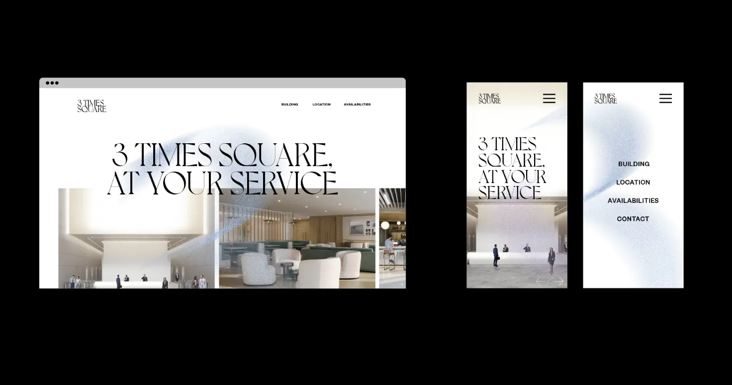 Une maquette de conception de site Web pour « 3 Times Square », présentant le texte « 3 Times Square. À votre service », avec une image d'intérieur et un menu de navigation.