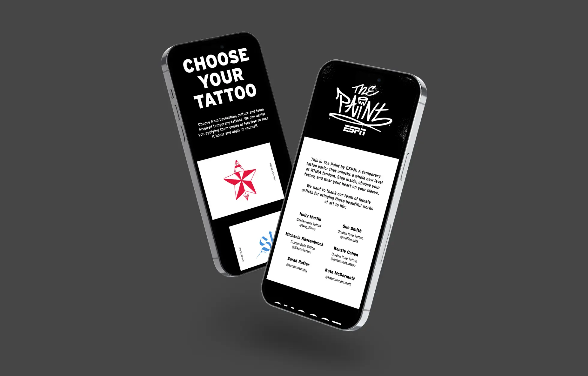 Deux smartphones affichant une application de sélection de tatouages liée aux œuvres d'art ESPN et WNBA.
