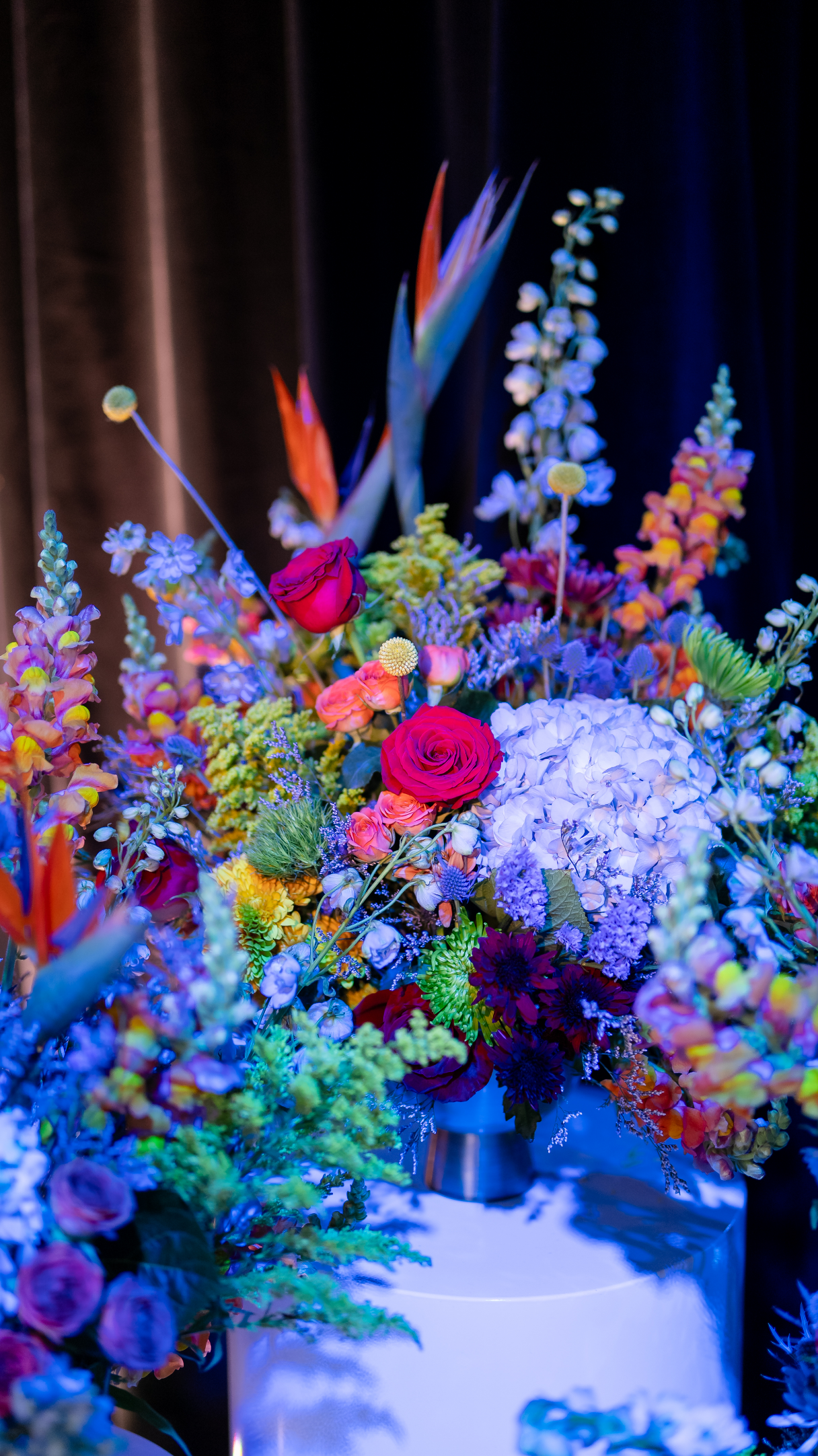 Un arrangement floral coloré présentant des roses, des hortensias et diverses autres fleurs vibrantes.