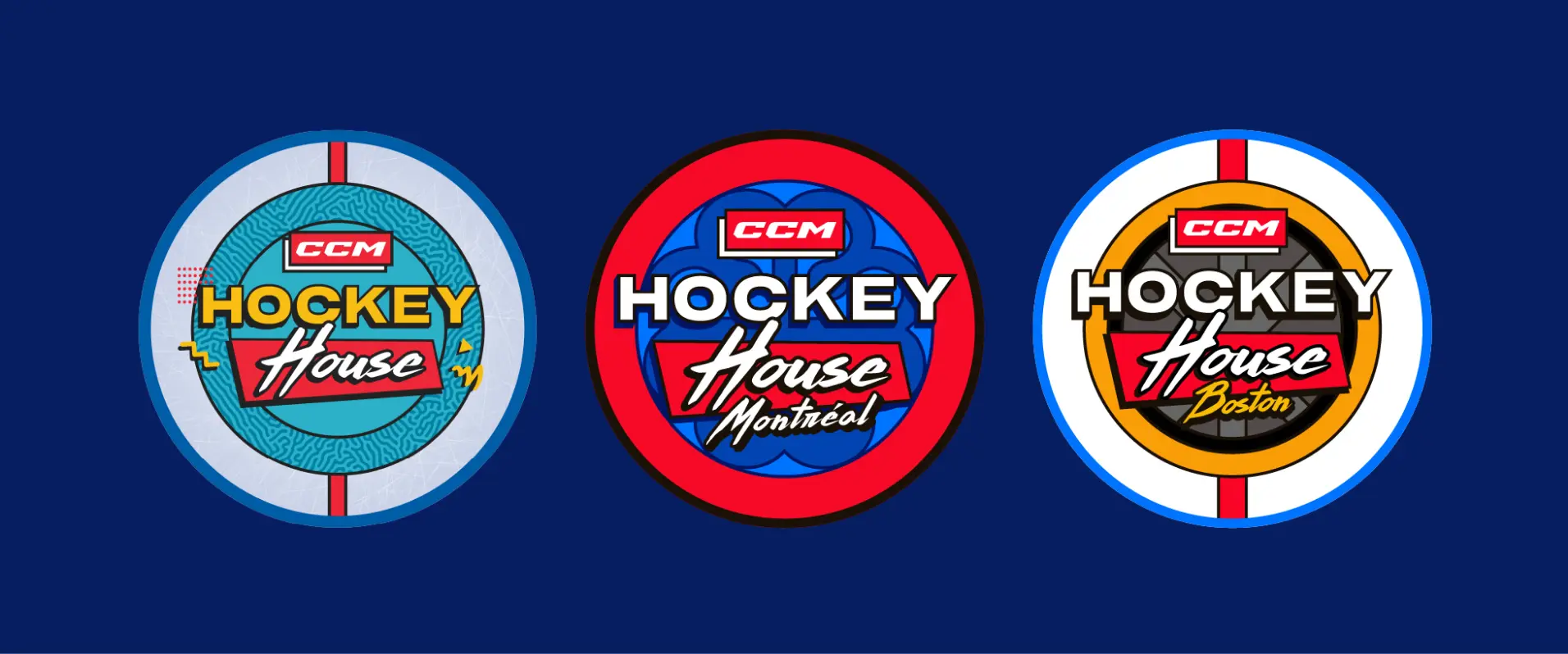 Trois logos colorés « Hockey House » pour CCM, représentant Toronto, Montréal et Boston.