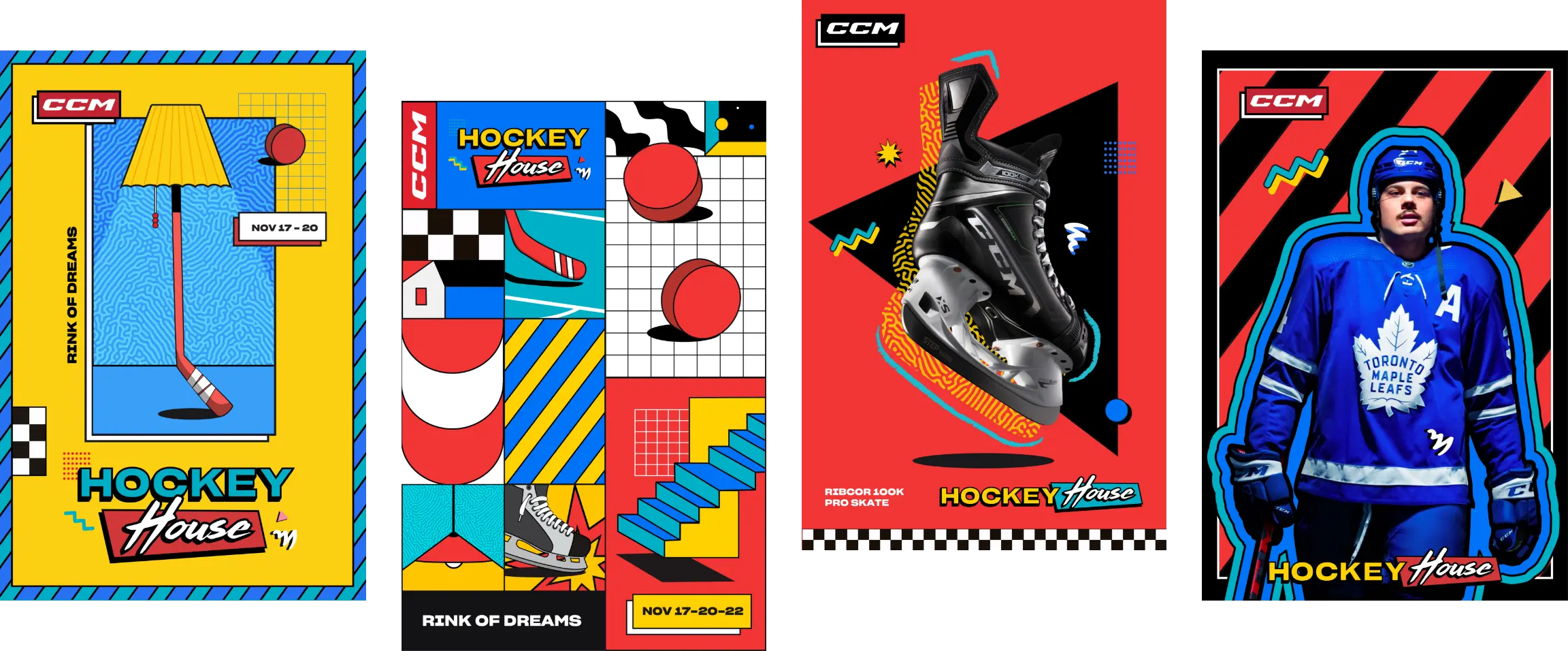 Une série de quatre affiches colorées présentant de l'équipement et des thèmes de hockey, avec un logo CCM et le texte « Hockey House ».