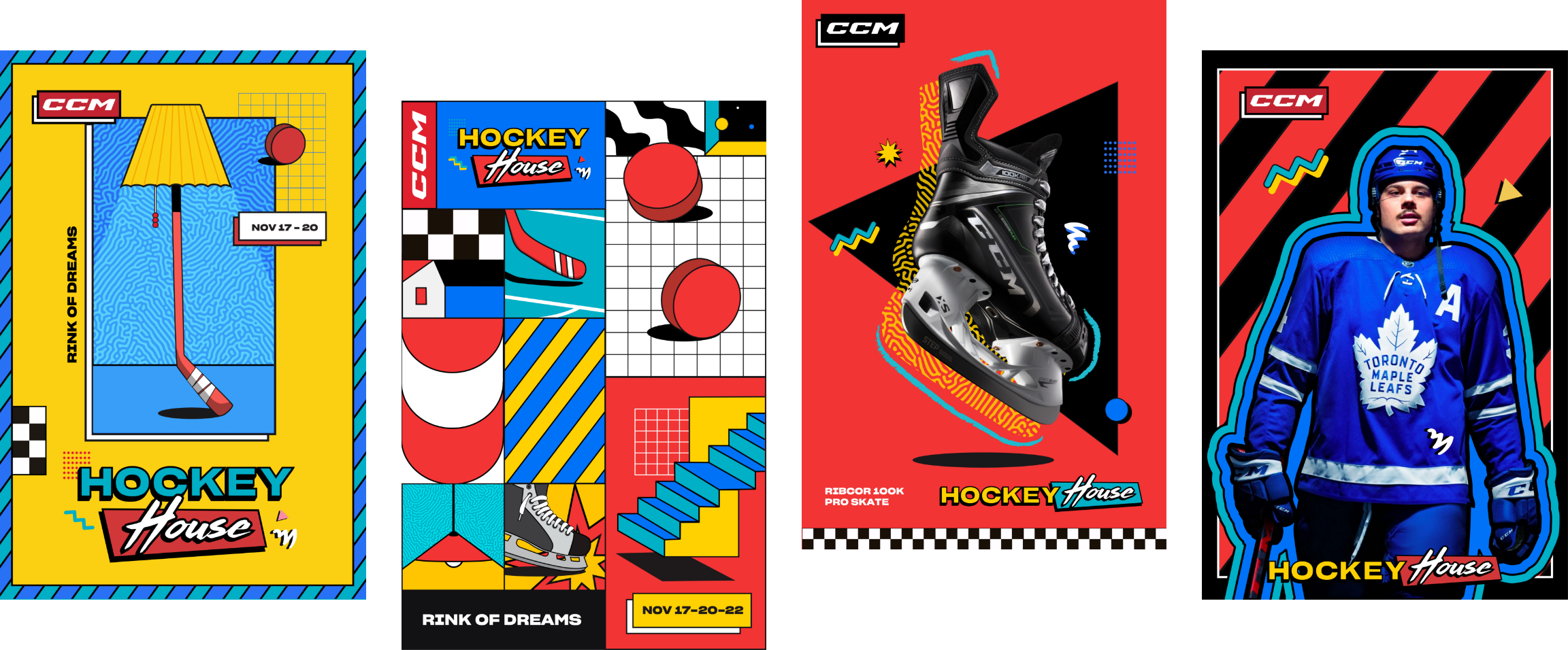 Une série de quatre affiches colorées présentant de l'équipement et des thèmes de hockey, avec un logo CCM et le texte « Hockey House ».